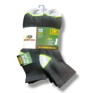 Mossy Oak Men's Black and Gray Cushioned Quarter Work Socks 10 Pairs  Size 10-13